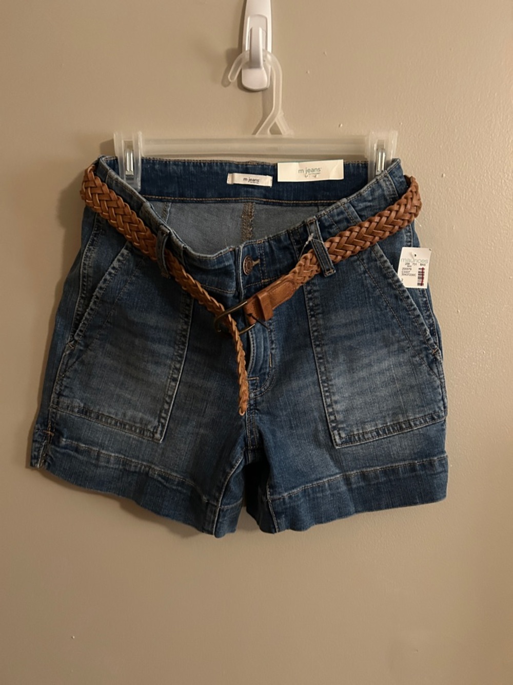 Maurices Medium Blue Denim Shorts with Braided Tan Belt